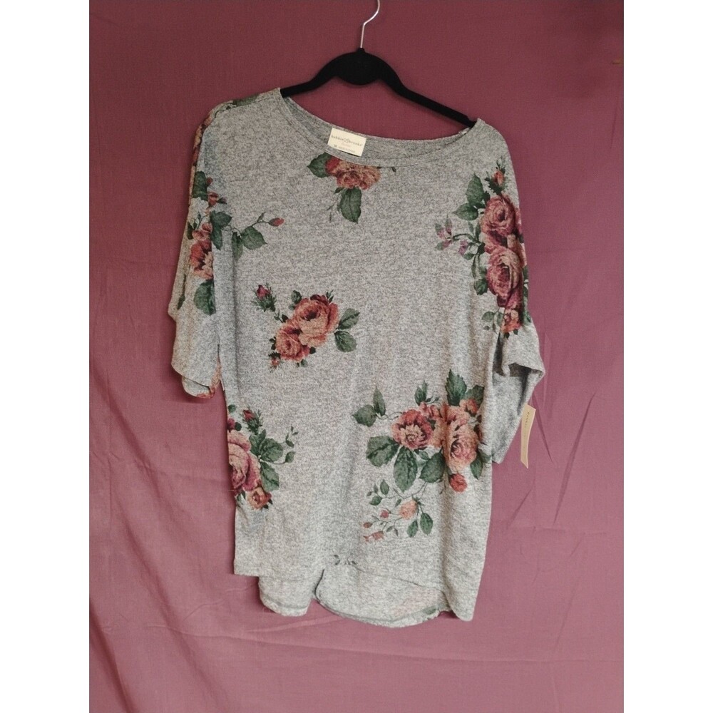 Bobbie Brooks Medium Woman's Floral Rose Medium Gray Light Weight Sweater